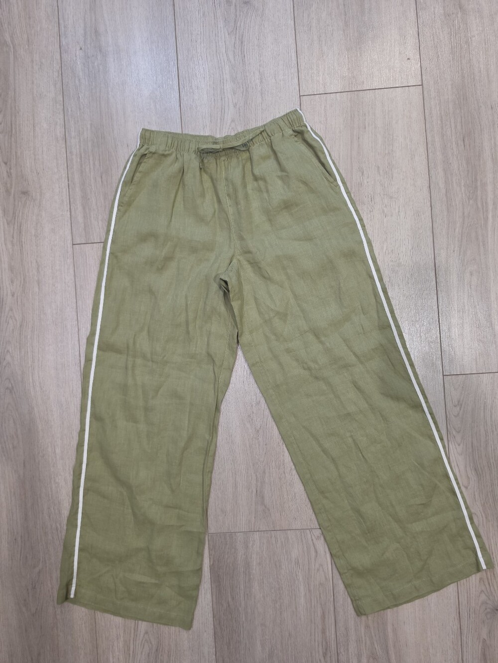 Rachel Zoe 100% Linen Wide Leg Pants XS Olive Green Side Stripe Drawstring - Picture 1 of 6